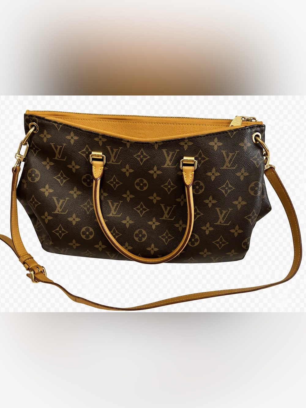 Authentic Louis Vuitton Monogram Pallas MM Saffron Yellow Leather Bag